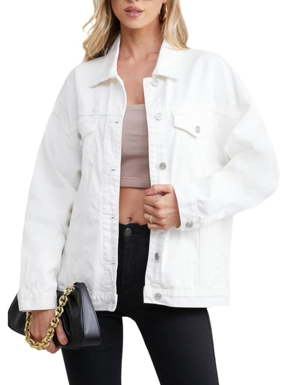 Women's White Long Oversize Comfort Denim Jean Jackets Trendy Trucker Coats
